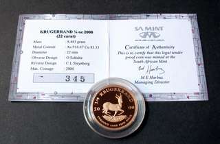 2000 PROOF 1/4 KRUGER RAND WITH CERT OF SA MINT LTD EDITION CERT 345