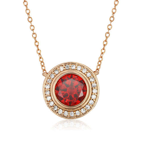 Garnet red zircon halo necklace with chain - 43cm