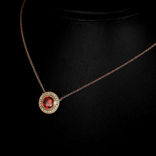 Garnet red zircon halo necklace with chain - 43cm