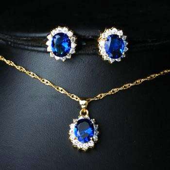 Deep Blue Simulated Sapphire Necklace & Earrings Jewelry Set