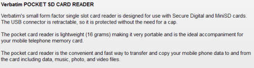 Verbatim USB Pocket Card Reader SD/Mini SD/Micro SD/ with Adapter