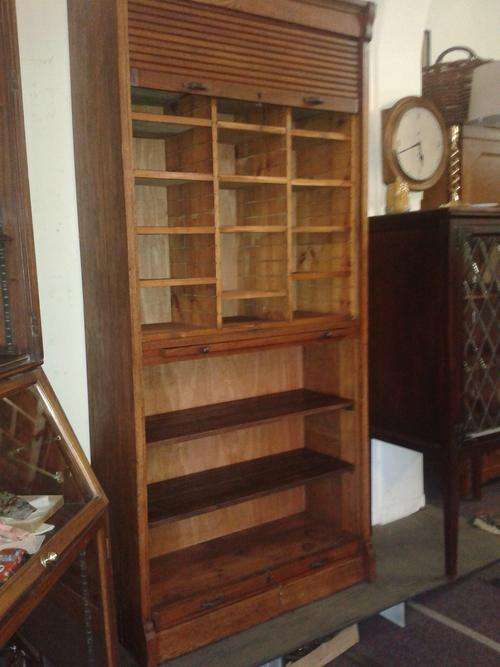 Antique Oak Roll Top Filing or Stationary Cabinet,Vintage Storage Space