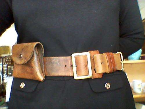 Vintage Full Grain Leather Waist Belt, pouch. Genuine Military Soldier WWI/ WWII Uniform. Tan