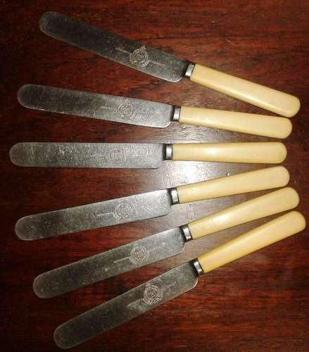 Set of 6 Retro Vintage Fenton Bros Ltd Sheffield Butter Knives, Silver Stainless Steel, Faux Bone.