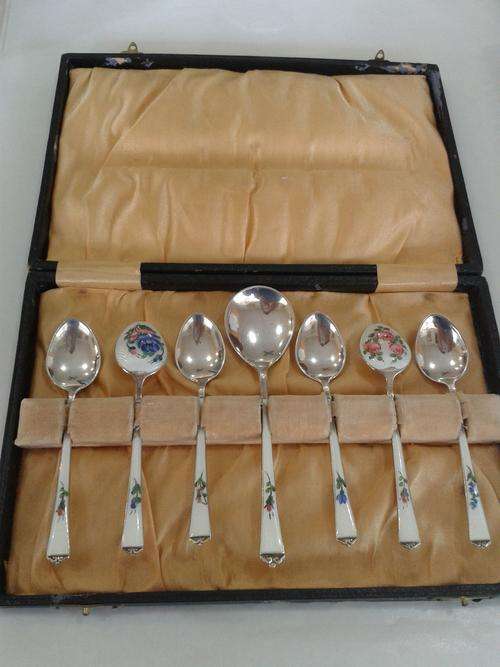 Norwegian Sterling Silver & Enamel Set of 6 Teaspoons & 1 Sugar Spoon