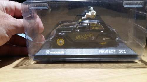 XO DIECAST MODEL *** MICHELIN - PEUGEOT 202 CAR - BLACK *** PLASTIC STYLE BOX, BOX WORN