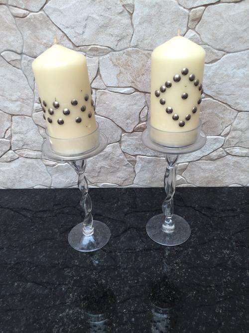 A set of glass candlesticks plus Candles