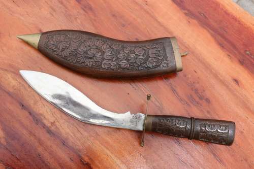 Kukri in Ornate Wooden and Brass Sheath
