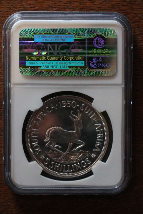 Beautiful 1950 Silver South Africa 5 Shillings / Crown - NGC PF65