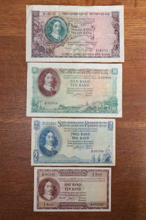 Beautiful South Africa G Rissik Notes Set, One Rand, Two Rand, Ten Rand, Twenty Rand