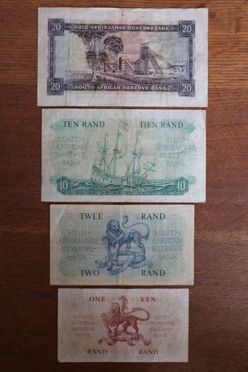 Beautiful South Africa G Rissik Notes Set, One Rand, Two Rand, Ten Rand, Twenty Rand