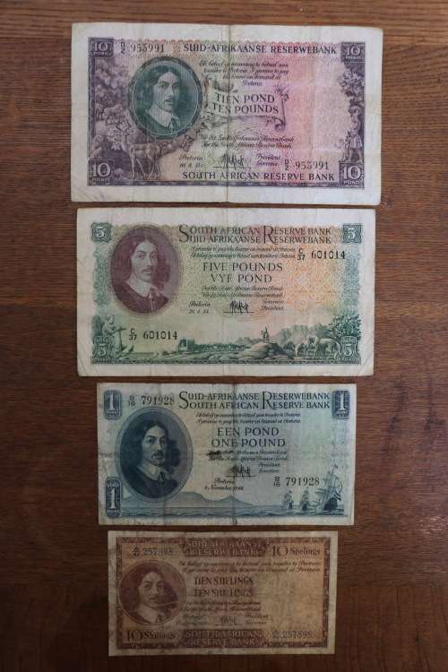 Beautiful South Africa MH de Kock Notes Set, 10 Shillings, 1 Pound, 5 Pounds, 10 Pounds