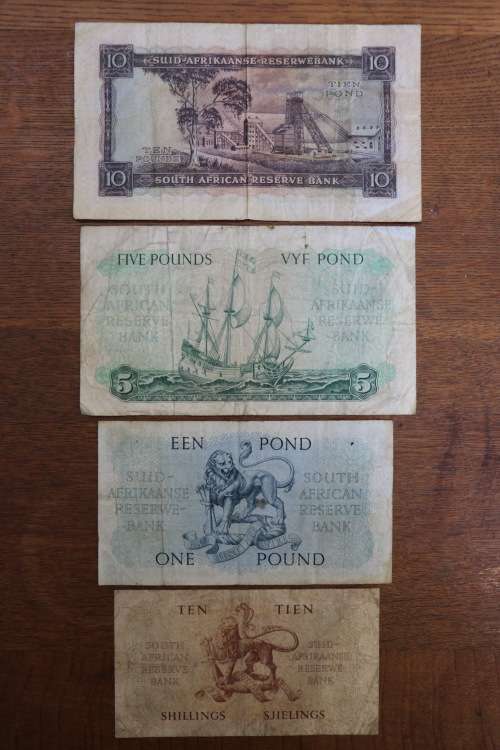 Beautiful South Africa MH de Kock Notes Set, 10 Shillings, 1 Pound, 5 Pounds, 10 Pounds