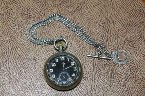 Antique Blackface & Porcelain Dial CYMA Swiss Made Pocket Watch with Hallmarked Silver Chain
