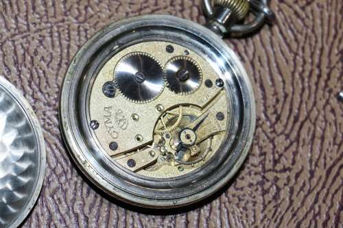 Antique Blackface & Porcelain Dial CYMA Swiss Made Pocket Watch with Hallmarked Silver Chain