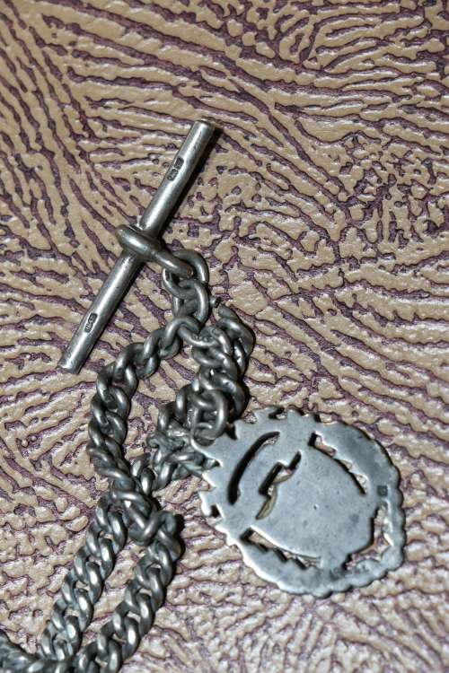 Antique Blackface & Porcelain Dial CYMA Swiss Made Pocket Watch with Hallmarked Silver Chain