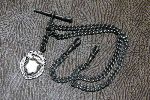 Antique Blackface & Porcelain Dial CYMA Swiss Made Pocket Watch with Hallmarked Silver Chain