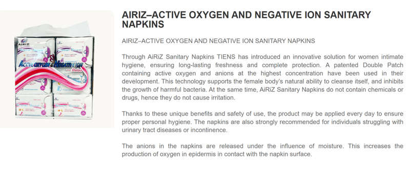 AiRiZ  Active Oxygen and Negative Ion Sanitary Napkins
