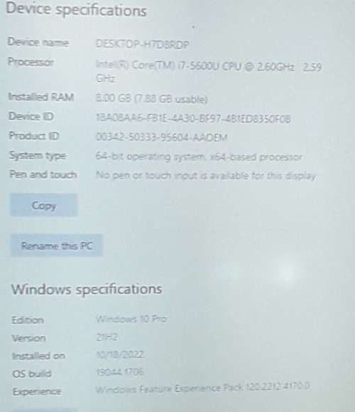 i7 Lenovo Thinkpad Laptop, 8GB RAM,  Windows 10 Pro, Intel(R) Core(TM) i7-5600u CPU @ 2.60 2.59 GHz