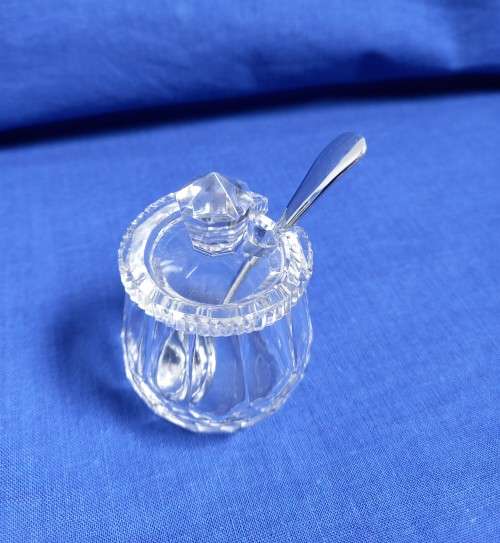CRYSTAL CUT - MUSTARD POT WITH SPOON