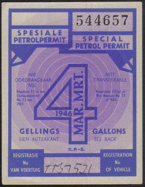 1946 GELLINGS 4GALLONS SPECIAL PETROL PERMIT REG TT37531