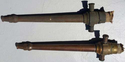 Two antique brass & copper fire hose reel nozzles