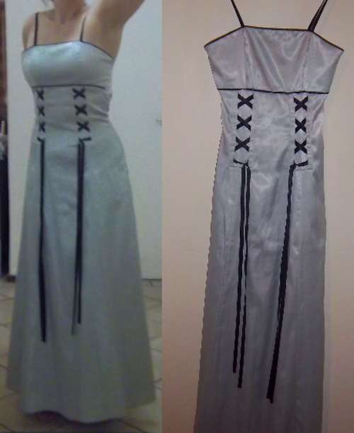 Silver satin formal dress with black ribbons