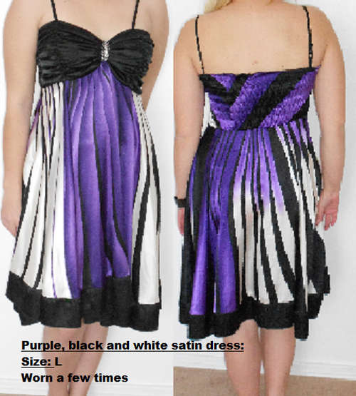 Purple, black and white satin dress