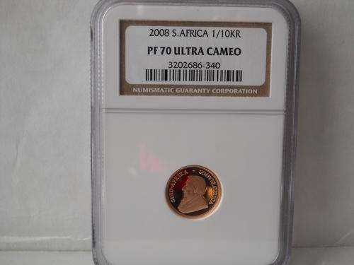 KRUGER RAND 2008 PF70 ULTRA CAMEO . PROOF 1/10 22CT GOLD