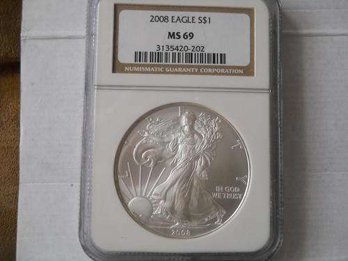 AMERICAN SILVER EAGLE 2008 MS 69. 1 OZ. .999 PURE SILVER COIN GRADED BY NGC