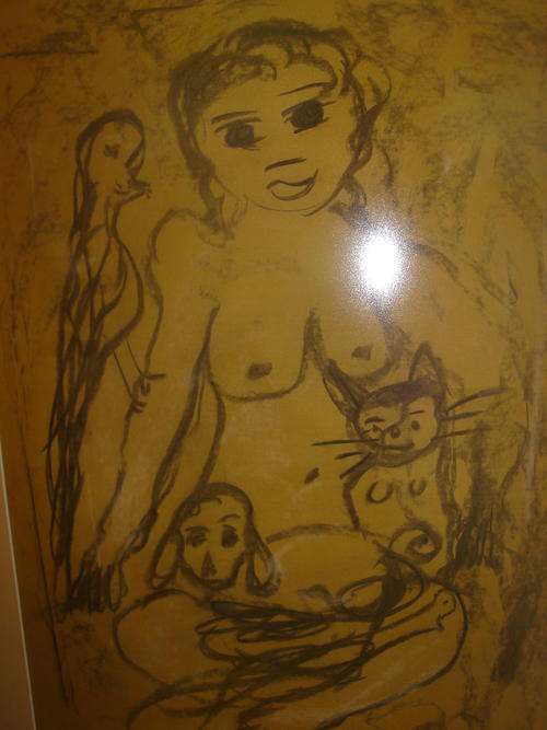 60x40cm (framed 77x50) Frans Claerhout, Naked woman with dog, bird and cat