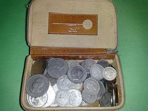 ASSORTED COIN JOBLOT IN SMALL LEATHER CONTAINER-ALL USED-SEE PHOTOS
