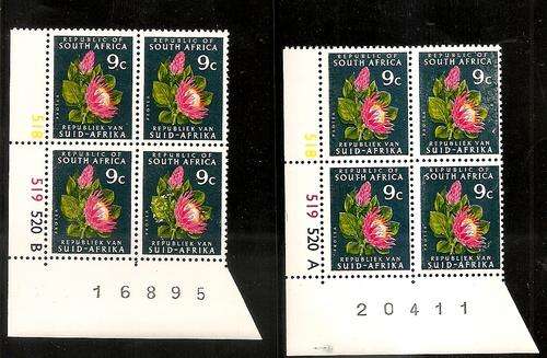 SOUTH AFRICA 1972-74 - SACC 332 - DEFINITIVE ISSUE 9c CONTROL BLOCKS A and B (UM)