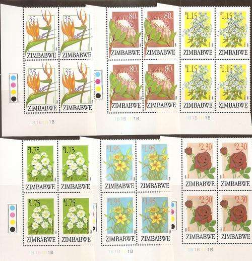 ZIMBABWE - SG876/881 - 1994 "EXPORT FLOWERS" - COMPLETE SET OF 6 CONTROL BLOCKS U/MINT