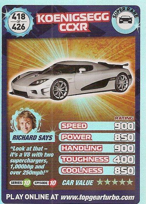 TOP GEAR TURBO CHALLENGE "EXTRA" - KOENIGSEGG CCXR "SUPER RARE" CARD 418