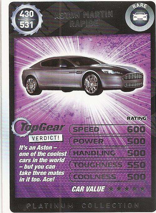 TOP GEAR TURBO CHALLENGE PLATINUM - ASTON MARTIN RAPIDE `RARE` 430 CARD