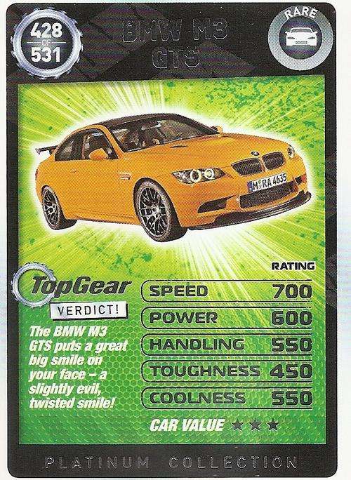 TOP GEAR TURBO CHALLENGE PLATINUM - BMW M3 GTS `RARE` 428 CARD
