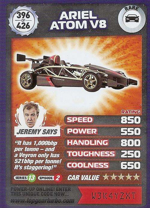 TOP GEAR TURBO CHALLENGE "EXTRA" - ARIEL ATOM V8 "RARE" CARD 396