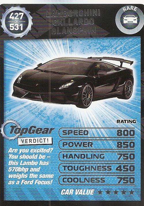 TOP GEAR TURBO CHALLENGE PLATINUM - LAMBORGHINI GALLARDO  `RARE` 427 CARD