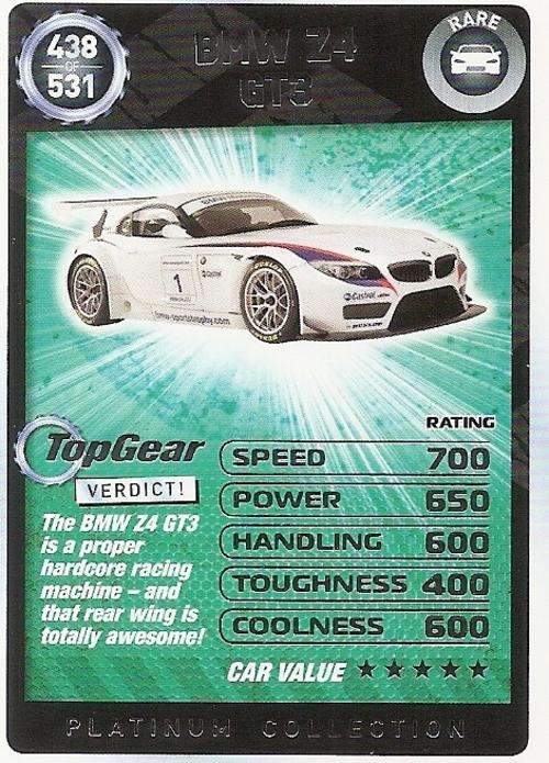 TOP GEAR TURBO CHALLENGE PLATINUM - BMW Z4 GT3 `RARE` 438 CARD