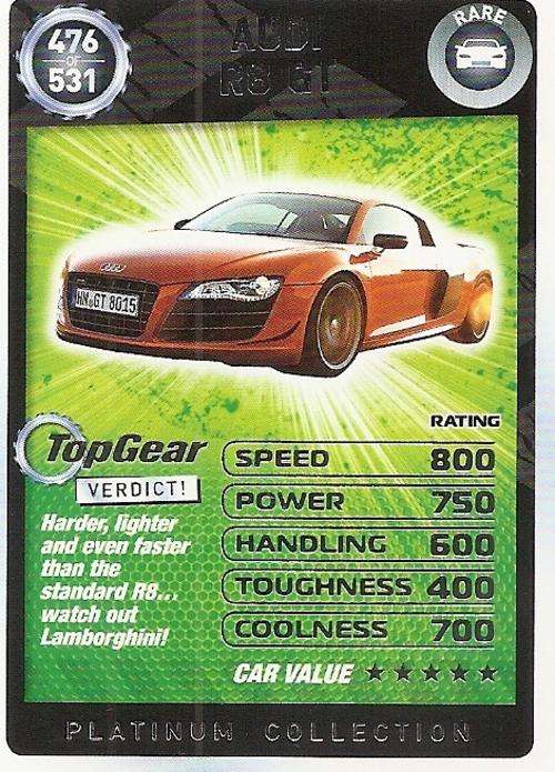 TOP GEAR TURBO CHALLENGE PLATINUM - AUDI R8 GT `RARE` 476 CARD