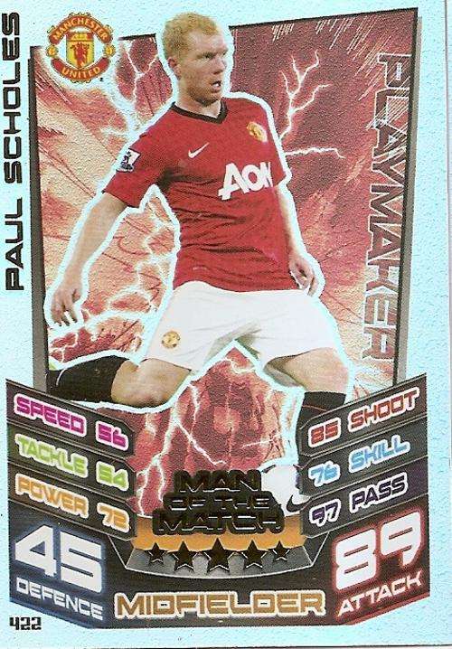 PAUL SCHOLES - TOPPS `MATCH ATTAX` 2012/13 - FOIL `Man of the Match` TRADING CARD
