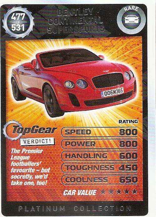 TOP GEAR TURBO CHALLENGE PLATINUM - BENTLEY CONTINENTAL `RARE` 477 CARD
