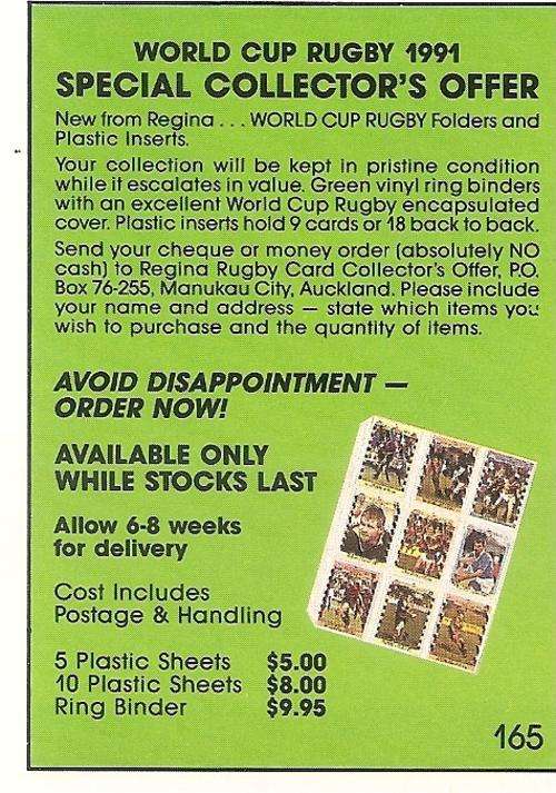 1991 RUGBY WORLD CUP(REGINA) - `PROMOTION CARD` CARD 165