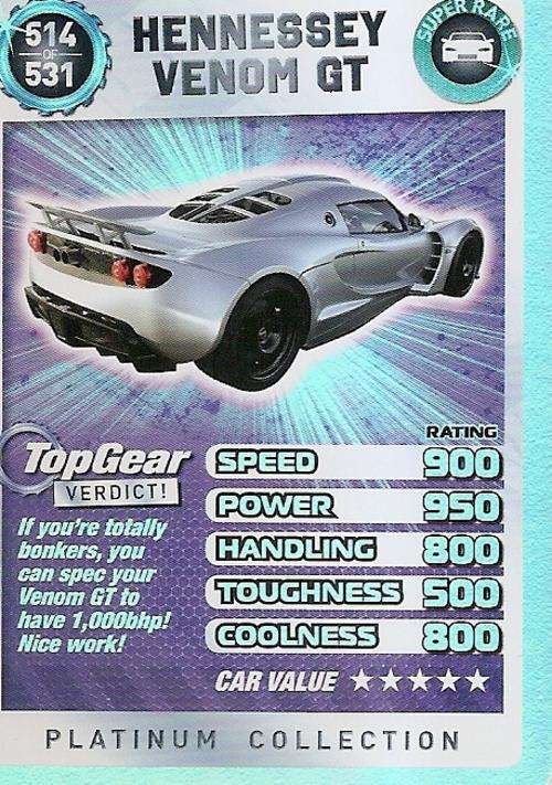 TOP GEAR TURBO CHALLENGE PLATINUM - HENNESSEY VENOM GT "SUPER RARE" 514 CARD