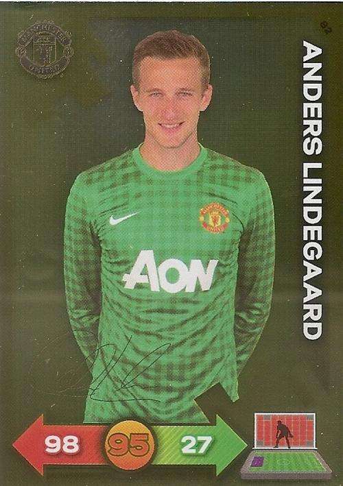 ANDERS LINDEGAARD - PANINI `MANCHESTER UNITED ADRENALYN XL 2012/13` - FOIL `GOLD AUTO` CARD 82