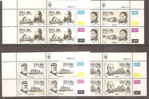 SOUTH WEST AFRICA 1989 - SACC 518 to 521 - "GERMAN MISSIONARIES" SET of 4 CONTROL BLOCKS (UM)