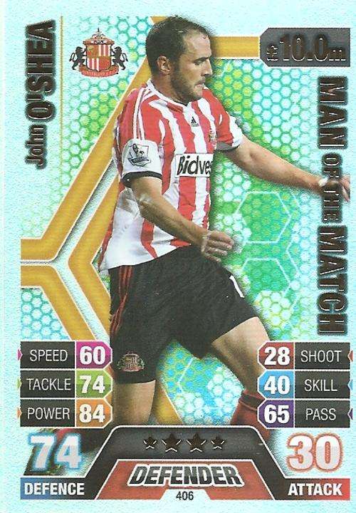 JOHN O`SHEA - TOPPS `MATCH ATTAX` 2013/14 UK ONLY - FOIL `MAN of the MATCH` TRADING CARD 406
