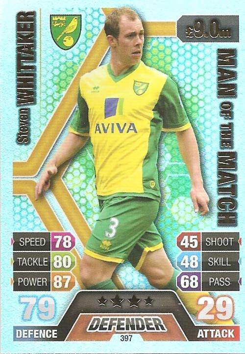 STEVEN WHITTAKER - TOPPS `MATCH ATTAX` 2013/14 UK ONLY -  FOIL `MAN of the MATCH` TRADING CARD 397
