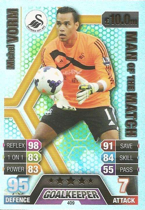 MICHEL VORM - TOPPS `MATCH ATTAX` 2013/14 UK ONLY - FOIL `MAN of the MATCH` TRADING CARD 409
